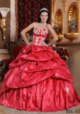 2014 Coral Red Puffy Strapless Appliques Quinceanera Dress with Pick-ups