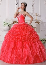 2014 Coral Red Puffy Strapless Embroidery Quinceanera Dress with Beading