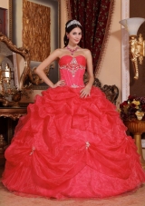 2014 Coral Red Puffy Sweetheart Beading Quinceanera Dress with Pick-ups