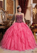 2014 Coral Red Puffy Sweetheart Embroidery and Beading Quinceanera Dress with Ruffles