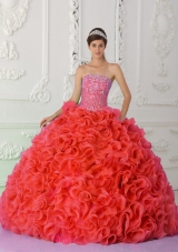 2014 Elegant Puffy Strapless Red Beading Quinceanera Dress with Ruffles