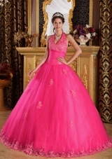 2014 Hot Pink Puffy Halter Appliques Tulle Quinceanera Dress with Beading