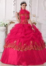 2014 Popular Coral Red Puffy Halter Beading and Appliques Quinceanera Dress