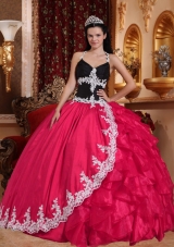 2014 Pretty Coral Red Puffy Lace Quinceanera Dress V-neck with Appliques