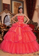 2014 Romantic Coral Red Puffy Strapless Appliques Quinceanera Dress with Ruffled Layers