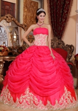 2014 Sweet Coral Red Puffy Strapless Beading Quinceanera Dress
