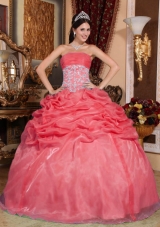 Coral Red Puffy Strapless Appliques for 2014 Quinceanera Dress with Beading