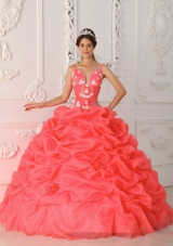 Cute Custom Made Coral Red Sweetheart Ruffles and Embroidery For Quinceanera Wear In 2014