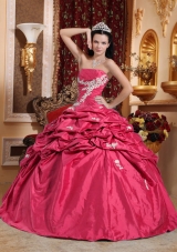 Lovely Coral Red Puffy Strapless for 2014 Appliques Quinceanera Dress with Pick-ups
