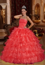 New Style Coral Red Puffy Strapless for 2014 Beading Quinceanera Dress with Ruffles