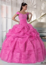 Off The Shoulder Organza Rose Pink Quinceanera Dress with Beading