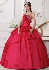 Petty Coral Red Puffy Straps Beading for 2014 Quinceanera Dress with Beading and Hand Made Flower