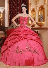 Popular Coral Red Puffy Sweetheart Appliques for 2014 Quinceanera Dress with Pick-ups