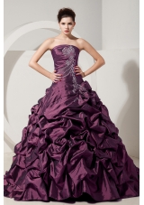 Purple Princess Strapless Brush Train Quinceanera Dresses with Beading and Pick-ups