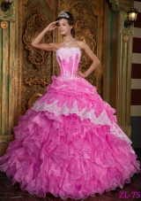 Rose Pink Princess Strapless Organza Sweet 15 Dresses with Ruffles