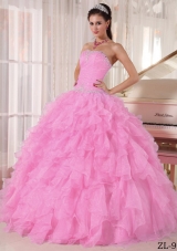 Rose Pink Strapless Organza Puffy Sweet Sixteen Dresses with Beading and Ruffles