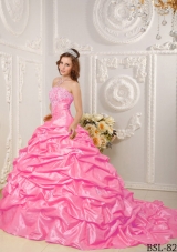 Strapless Court Train Rose Pink Quinceanera Gowns with Appliques and Pick-ups