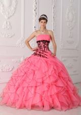 Sweet Puffy Strapless Appliques and Ruffles Coral Red for 2014 Quinceanera Dress