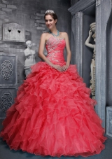 2014 Hot Sweetheart Beading and Appliques Red Quinceanera Dress with Ruffles