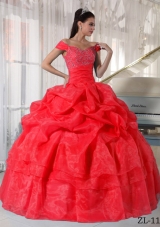 2014 Modest Red Puffy Off The Shoulder Quinceanera Dress with Beading