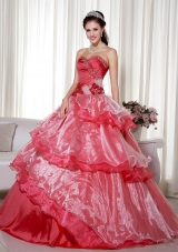 2014 Popular Red Puffy Sweetheart Beading and Hand Made Flower Quinceanera Dress