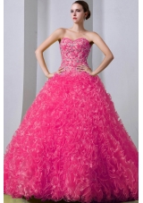 2014 Pretty Beading Quinceanea Dress in Hot Pink Princess withRuffles