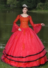 2014 The Most Popular Long Sleeves Appliques and Beading Red Quinceanera Dress With V-neck