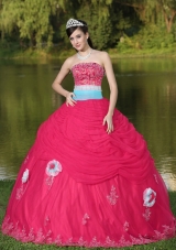 2014 Tulle Strapless Coral Red Quinceanera Dress with Hand Made Flowers