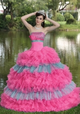 Beaded Decorate Bust Organza Strapless New Style Sweet 16 Dresses with Tiers