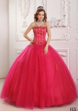 Elegant Puffy Strapless 2014 Beading Hot Pink Sweet 15 Dresses with Appliques