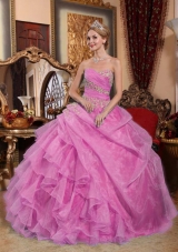 Elegant Sweetheart Appliques and Ruffles for Rose Pink Quinceanera Dress