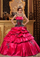 Exclusive Red Puffy Straps Pick-ups and Appliques Quinceanera Dress for 2014