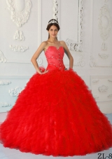 Exquisite Red Puffy Sweetheart Beading Quinceanera Dresses for 2014