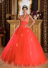 Perfect Puffy Halter Lace Appliques 2014 Red Quinceanera Dresses