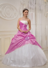 Pink and White Strapless Taffeta Quinceanera Dresses with Beading and Flowers