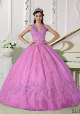 Popular Halter Organza Appliques Rose Pink Quinceanera Gowns with Appliques