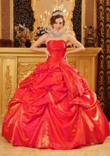 Popular Puffy Strapless Hand Made Flowers Red 2014 Quinceanera Dresses