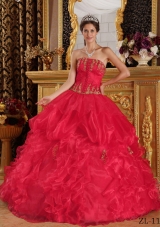 Pretty Red Puffy Strapless Appliques Quinceanera Dress for 2014