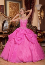 Puffy Sweetheart Organza Rose Pink Quinceanera Dresses with Appliques and Pick-ups