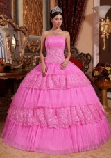 Rose Pink Ball Gown Strapless Organza Lace  Quinceanera Gown with Appliques