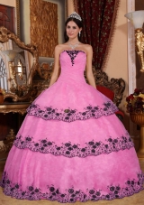 Rose Pink Ball Gown Strapless Organza Sweet 16 Dresses with Layers