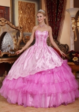 Rose Pink Ball Gown Sweetheart Oragnza Quinceanera Gowns with Embroidery and Layers