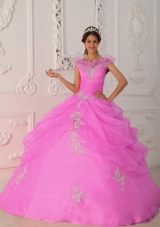 Rose Pink Ball Gown V-neck Organza Quinceanera Gown with Beading and Appliques