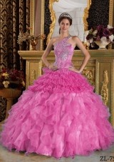 Rose Pink Princess One Shoulder Quinceanera Gowns with Appliques