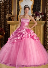 Rose Pink Princess Quinceanera Gowns with Beading and Pick-ups