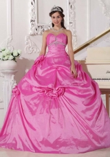 Rose Pink Puffy Sweetheart Sweet Sixteen Dresses with Flowers and Beading