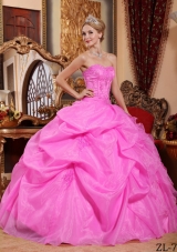 Rose Pink Strapless Organza Appliques and Pick-ups Dresses For a Quince