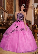 Rose Pink Strapless Organza Quinceanera Gowns with Embroidery and Flowers