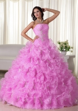 Rose Pink Strapless Organza Quinceanera Gowns with Ruffles and Appliques