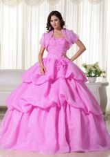 Rose Pink Strapless Sweet 16 Dresses with Flowers and Appliques